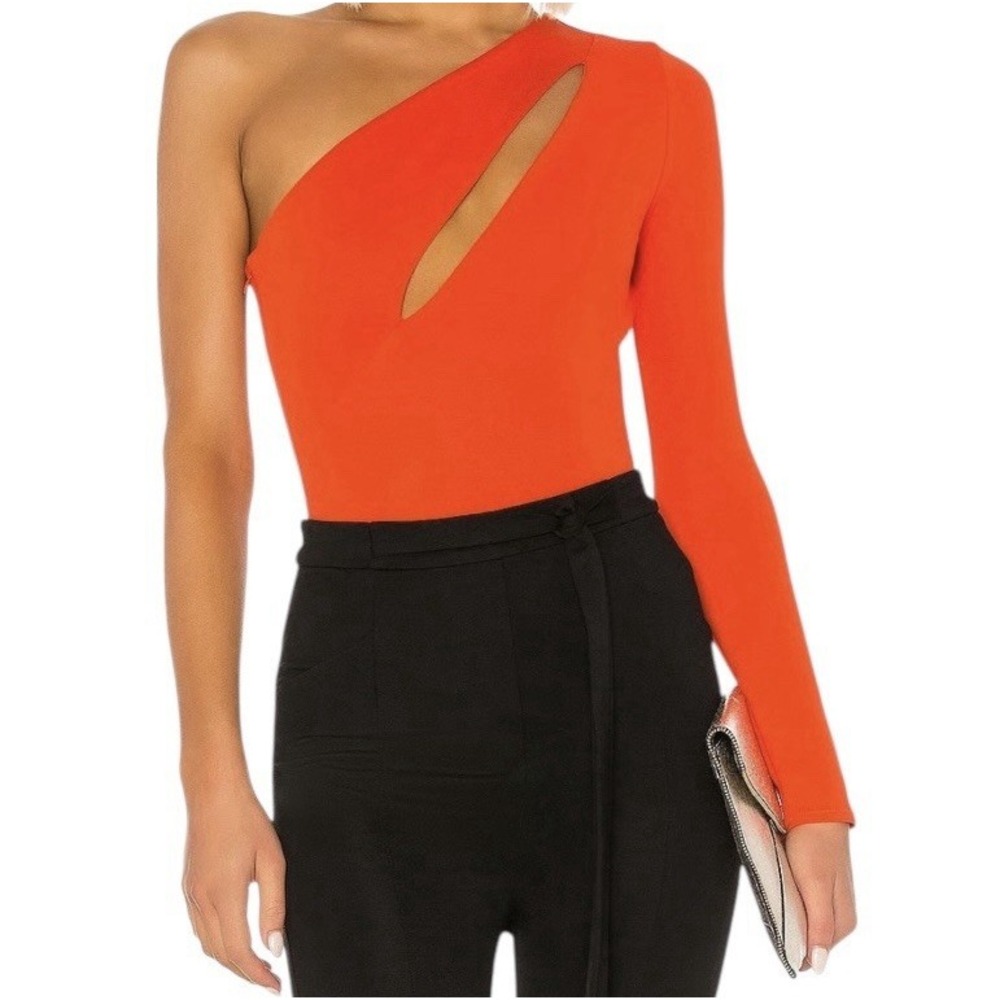New NBD Bodysuit Women'sâ Medium Orange One Shoulder AALIYAH Long Sleeve Cut-Out